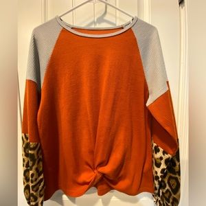 Shein Orange, Gray and Leopard Waffle Knit Top Size Small Modest/ Fall